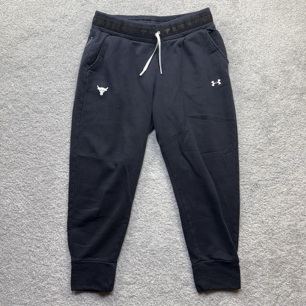 Under Armour Project Rock Womens L Charged Cotton Fleece Joggers Navy Blue Pants